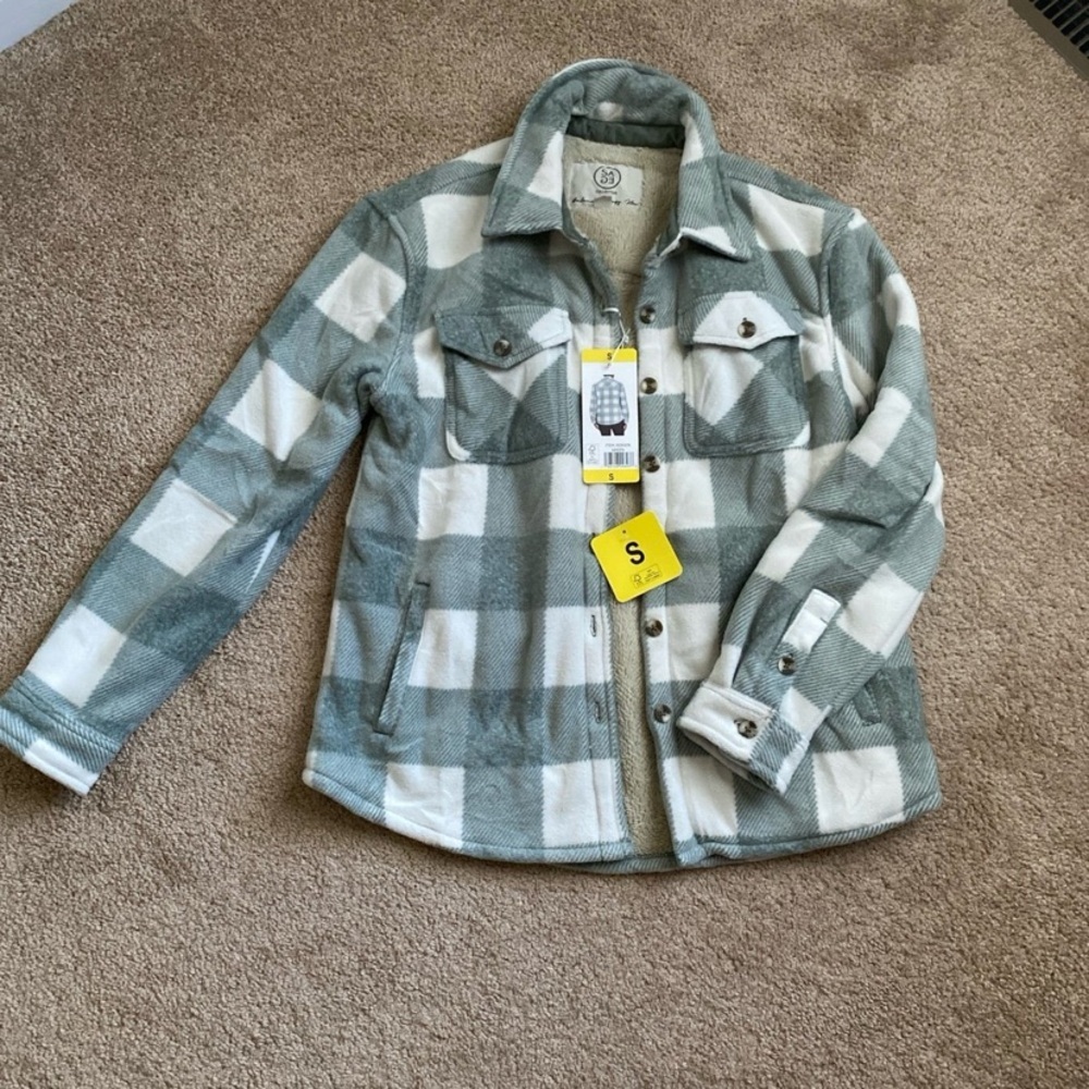 NWT SAGE plush sherpa shirt-jacket GREEN/WHITE plaid size SMALL